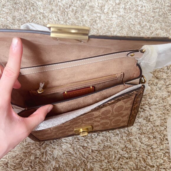 Coach Hutton Shoulder Bag In Blocked Signature Canvas With Snakeskin Detail - Picture 7 of 13